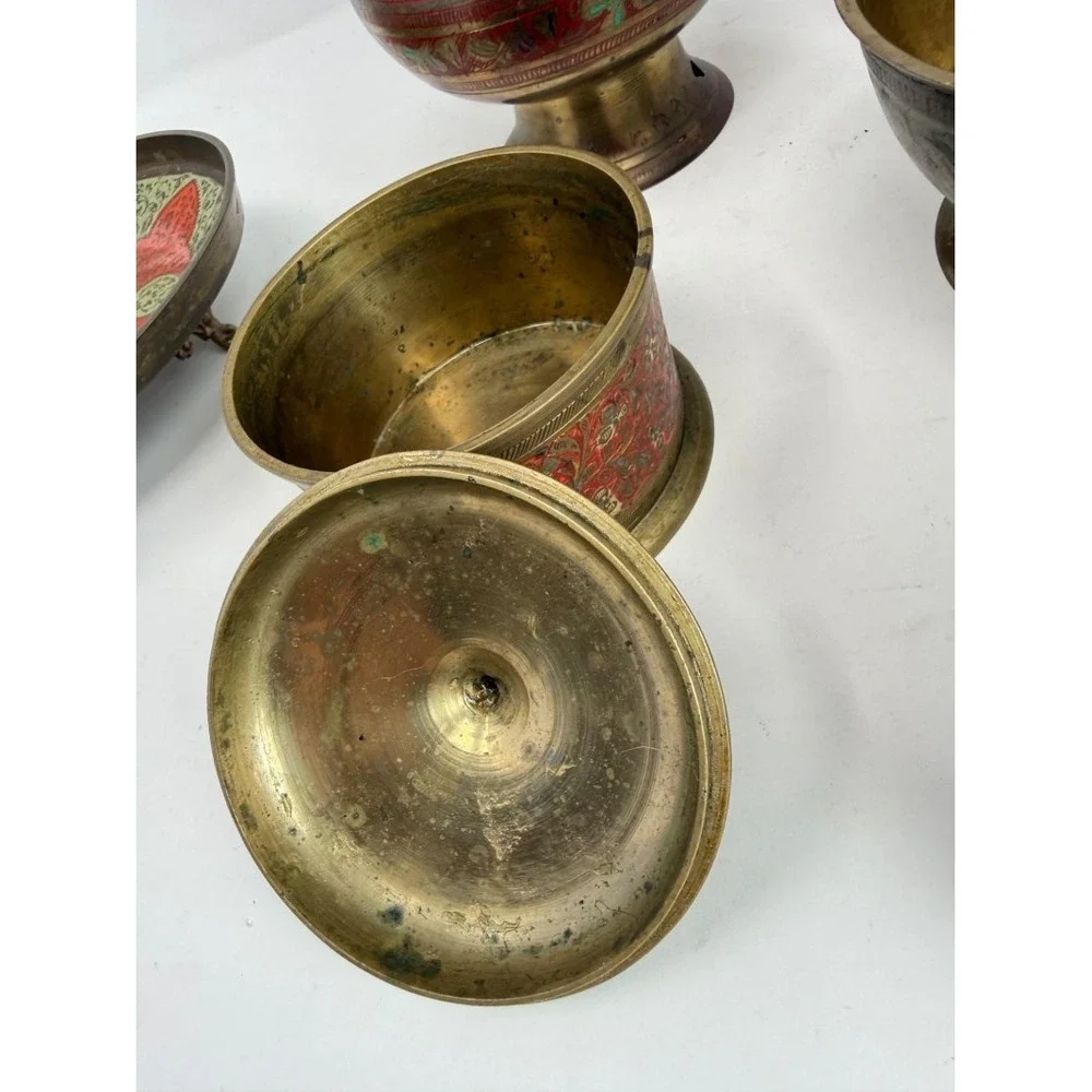 Middle Eastern Style Brass Enamelware Collection — 3 Pieces — Floral & Geometric